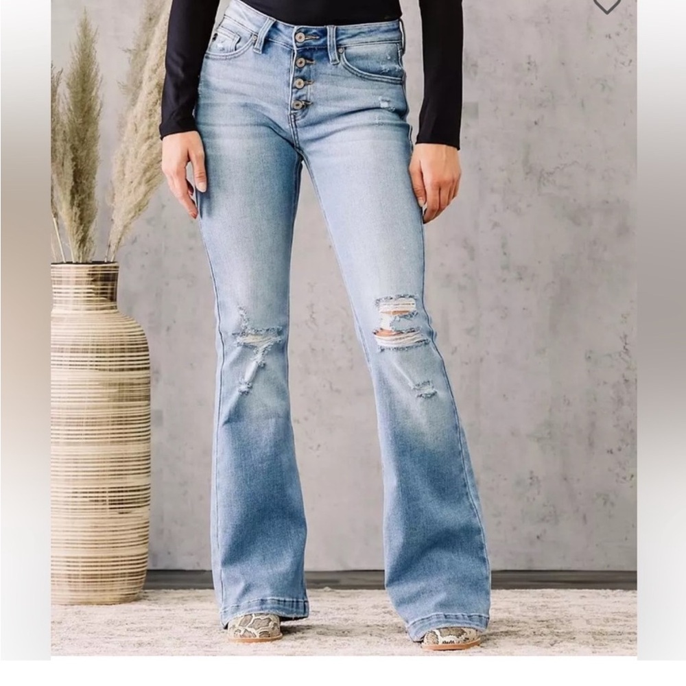 KanCan Women's Distressed Button Front Flare Jeans